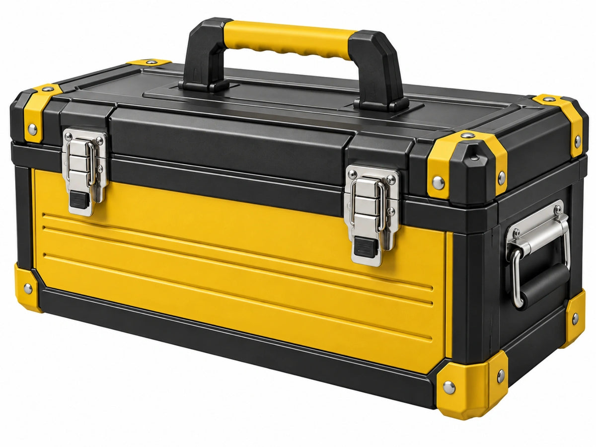 Coffre à outils 50 x 30 x 28 cm en plastique noir et jaune avec poignées et fermoirs métalliques