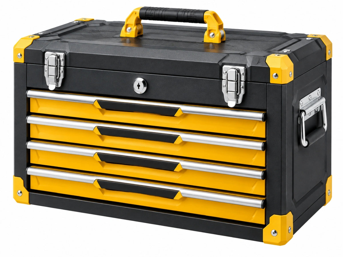 Coffre à outils 60 cm en plastique noir et jaune avec 4 tiroirs verrouillables