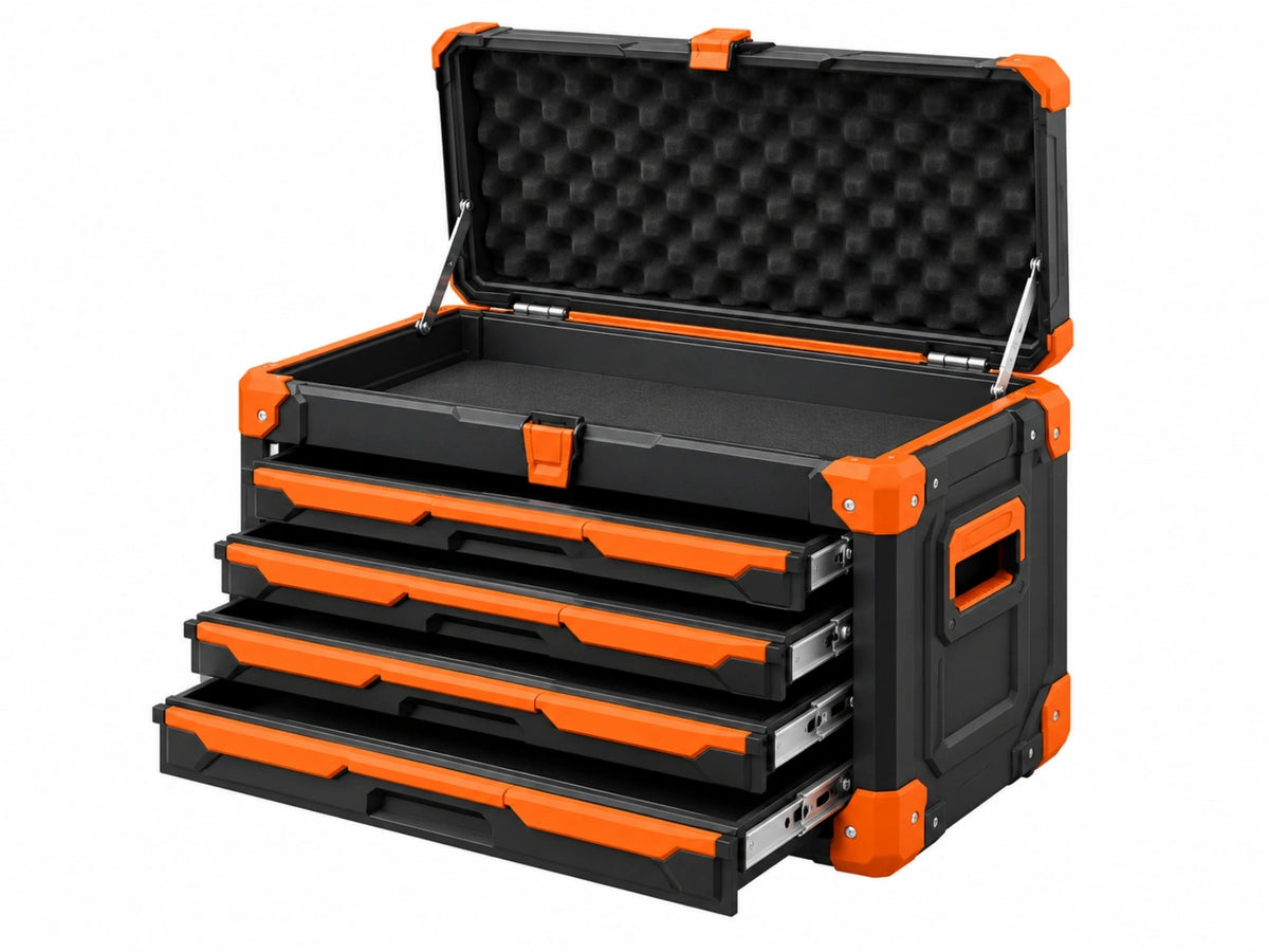 Coffre à outils 60 x 35 x 50 cm en plastique noir et orange avec 5 tiroirs