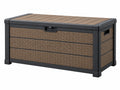 Coffre de rangement extérieur 135 cm en plastique brun et noir effet rotin avec plateau effet bois