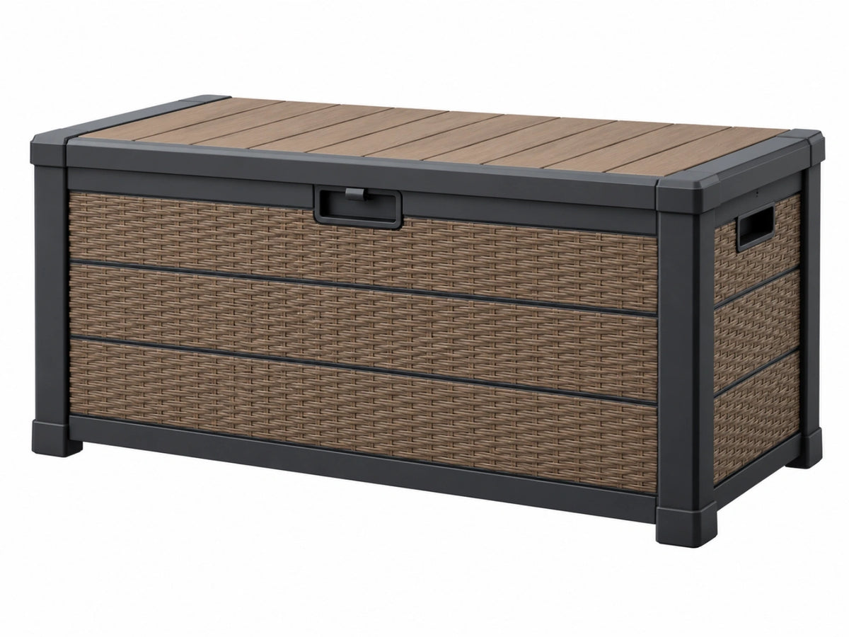 Coffre de rangement extérieur 135 cm en plastique brun et noir effet rotin avec plateau effet bois