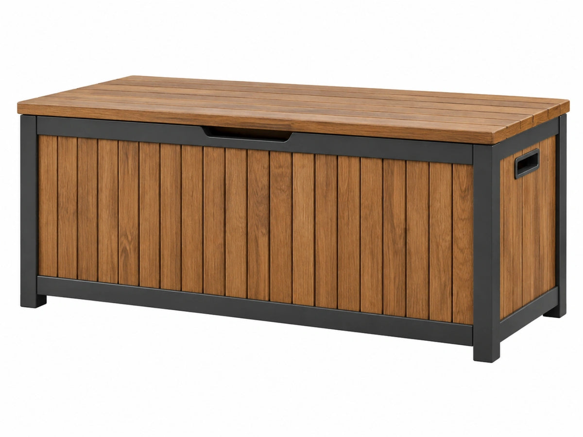 Coffre de rangement extérieur 120 x 60 x 65 cm en bois marron et métal noir avec couvercle