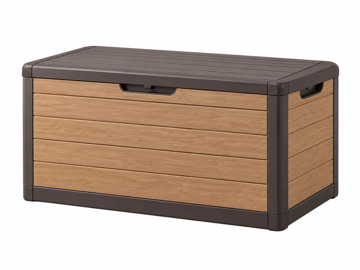 Coffre de rangement extérieur 120 x 60 x 60 cm en plastique marron effet bois avec couvercle