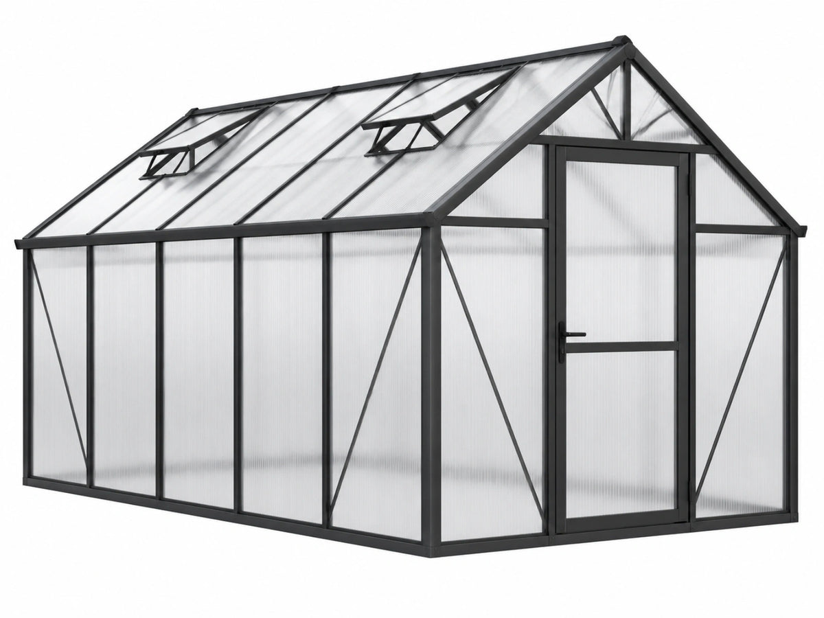 Serre de jardin 244 x 190 x 195 cm en aluminium noir et polycarbonate avec porte et lucarnes