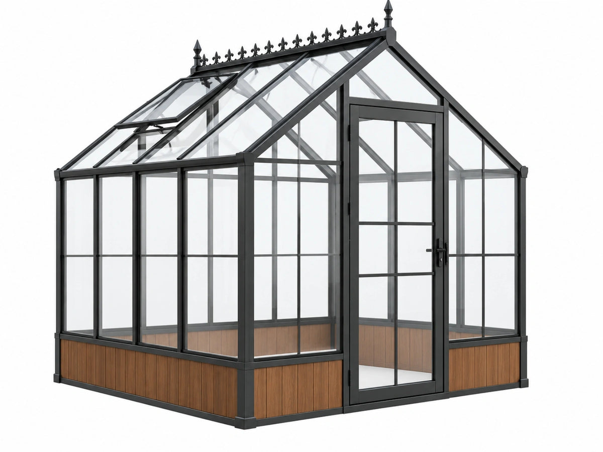 Serre de jardin 300 x 240 x 250 cm en métal noir et vitrage transparent style victorien pour culture extérieure