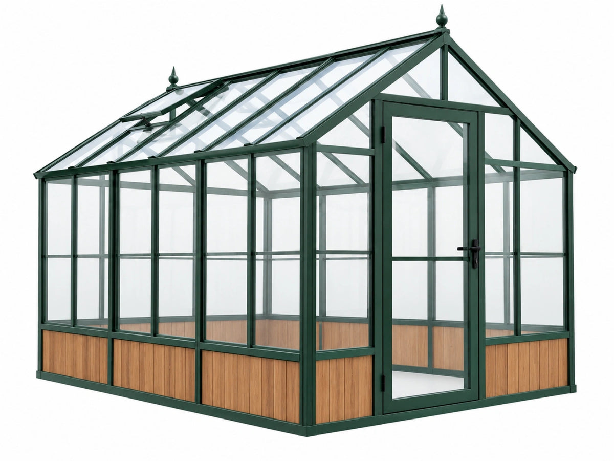 Serre de jardin 300 x 240 x 250 cm en aluminium et panneaux transparents vert foncé - toiture à deux pentes