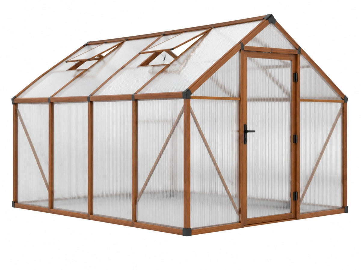 Serre de jardin 240 x 190 x 195 cm en bois marron et panneaux translucides avec porte et lucarnes