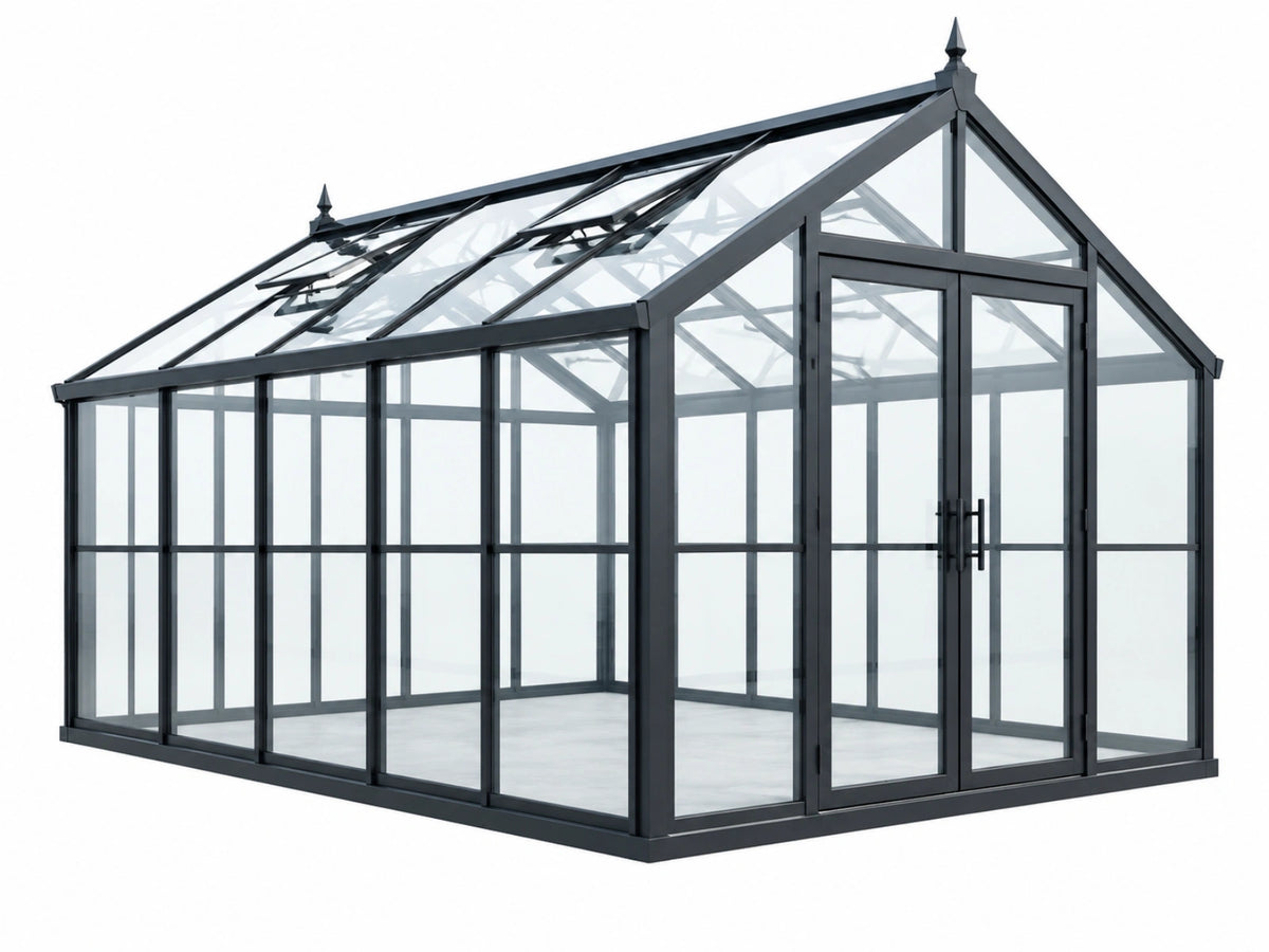 Serre de jardin 300 x 240 x 250 cm en métal et verre noir style victorien avec double porte et aérations de toit
