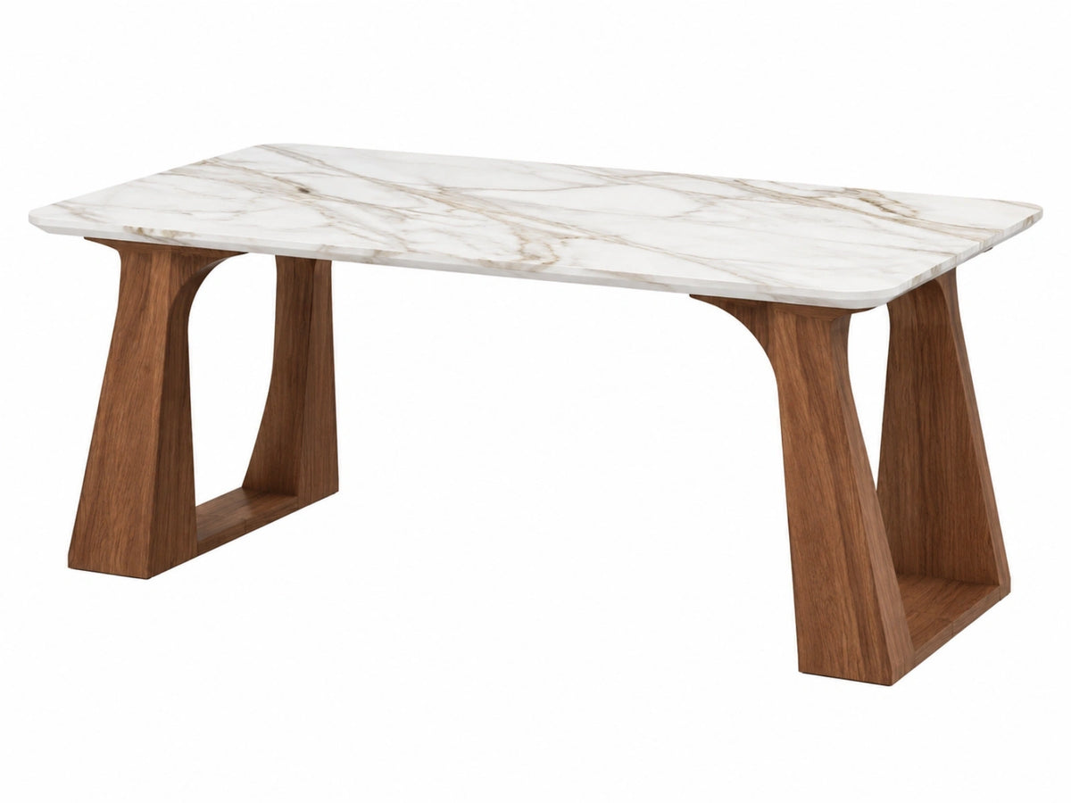 Table à manger 180 x 90 x 75 cm plateau effet marbre blanc piètement bois brun style contemporain