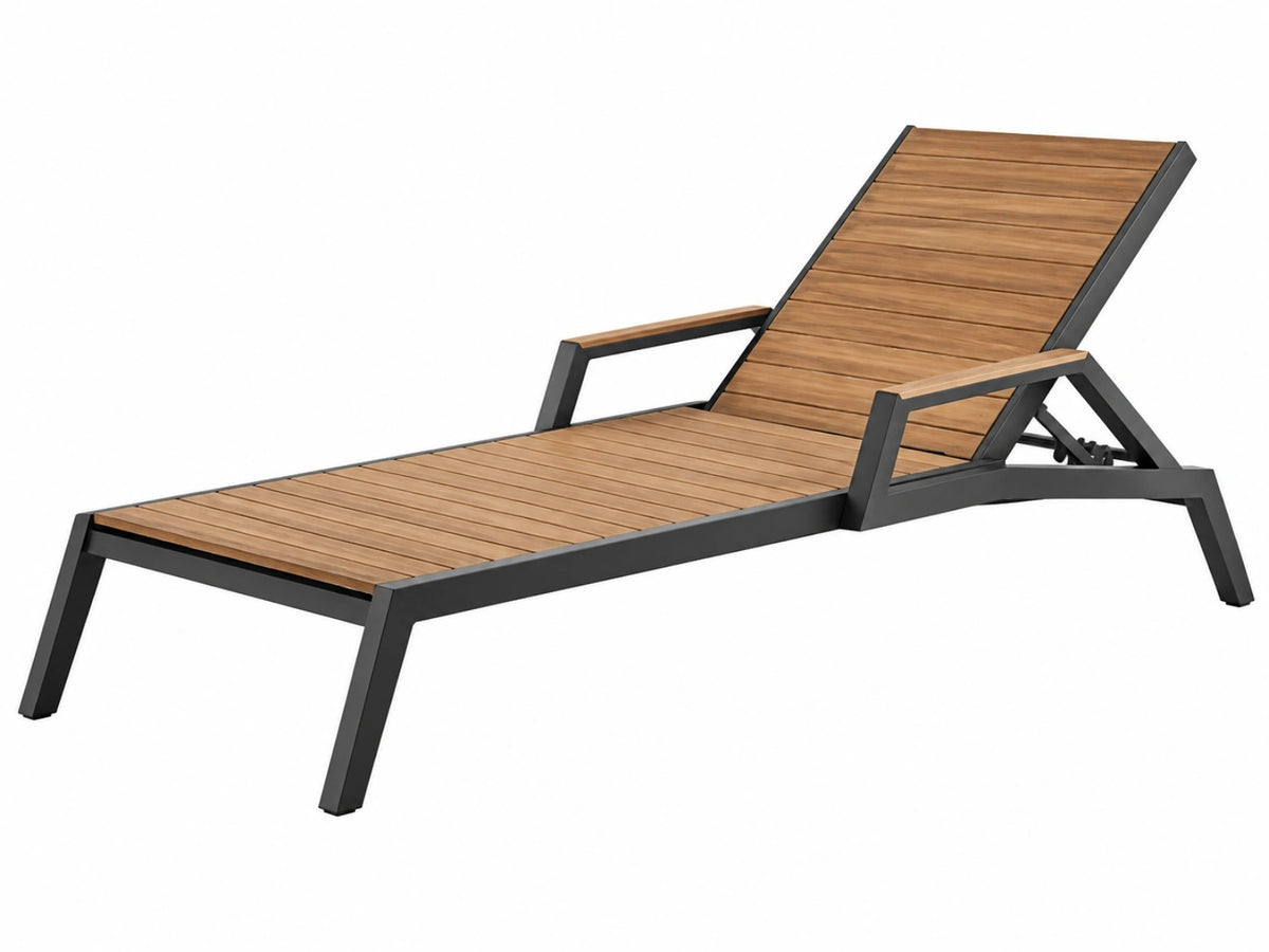 Chaise longue de jardin 198 x 65 cm en bois marron et métal noir dossier réglable
