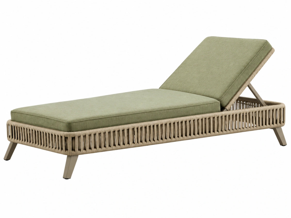 Chaise longue de jardin 200 x 70 cm en corde tressée beige avec coussin vert dossier inclinable